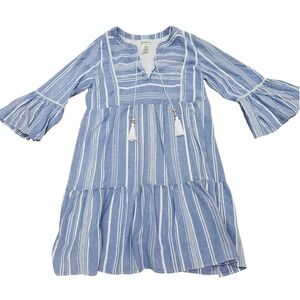 Tommy Bahama XS Blue Striped Boho Peasant Dress Tassel‎ Tie Bell Sleeve *READ*